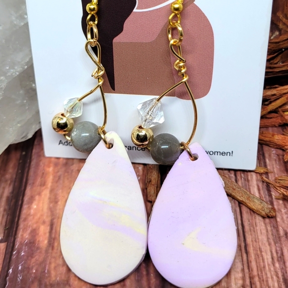 Tear drop Swirly Watercolor Vibes Beaded Wire Earrings - Picture 3 of 3